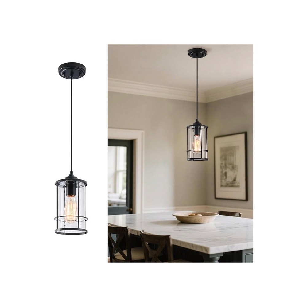 AKEZON Black Cage Pendant Light Kitchen Island Glass Hanging Fixture‎ KP-8601